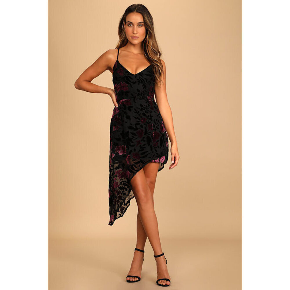 Lulus Evenings With You Black Floral Velvet Asymmetrical Dress - Size S